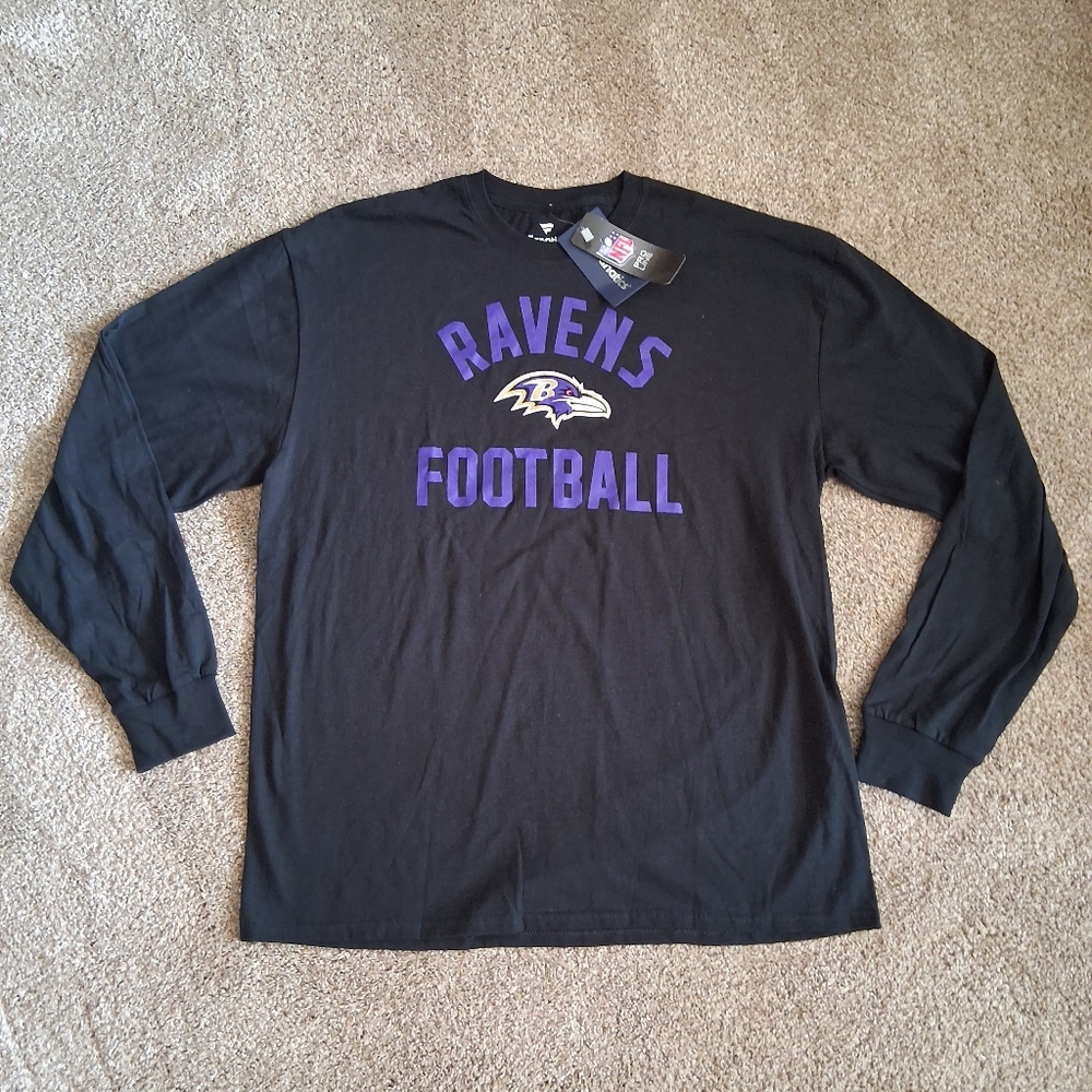 Fanatics Black Long Sleeve Ravens Football Tee with Purple Logo